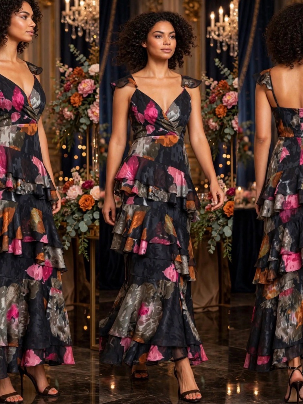HUTCH Miah Chiffon Black Floral Tiered Ruffle Maxi size 4